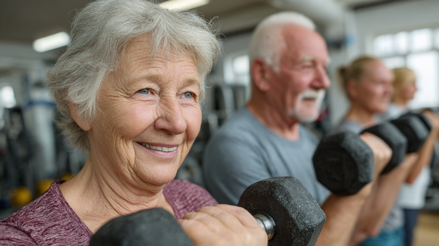 Старші люди займаються фітнесом в групі